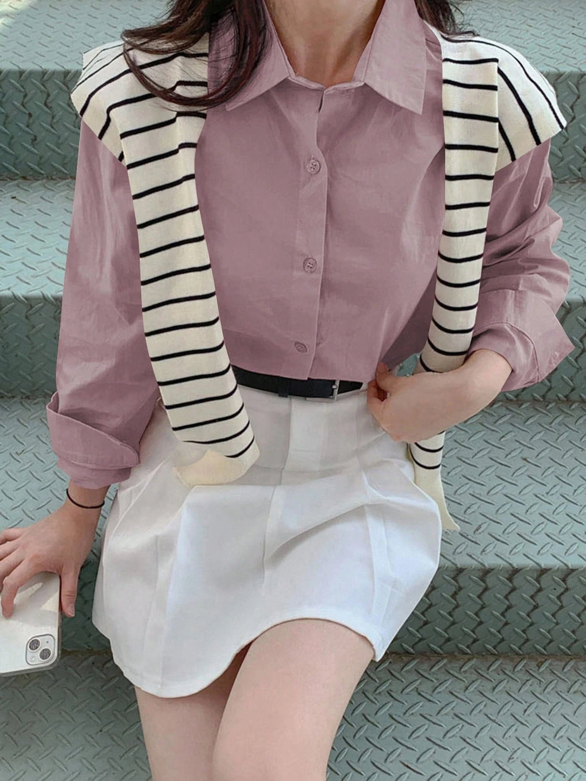 DAZY Women's Loose Solid Color Button Up Blouse, Fashionable For Summer,Fall Long Sleeve Top