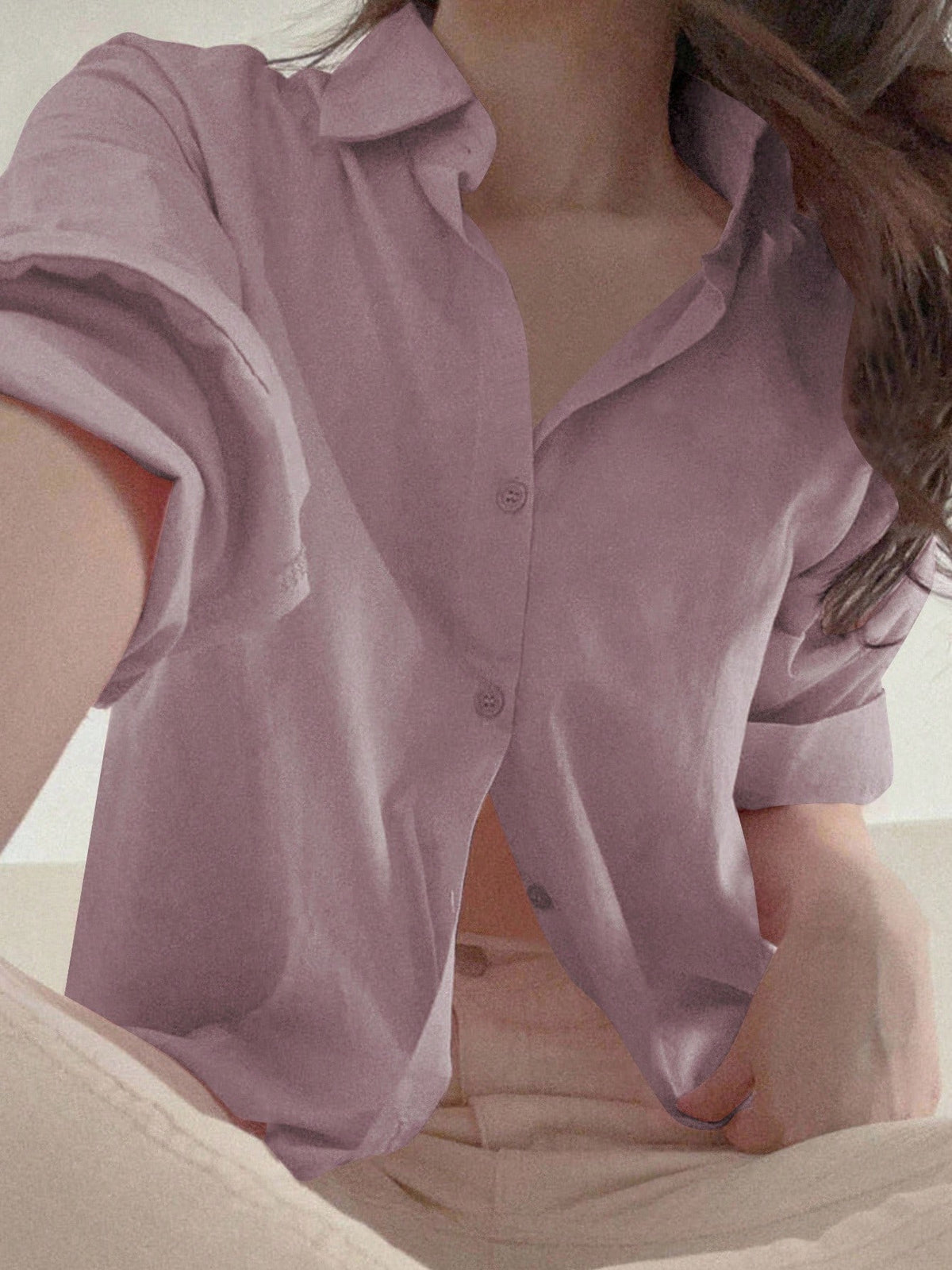 DAZY Women's Loose Solid Color Button Up Blouse, Fashionable For Summer,Fall Long Sleeve Top