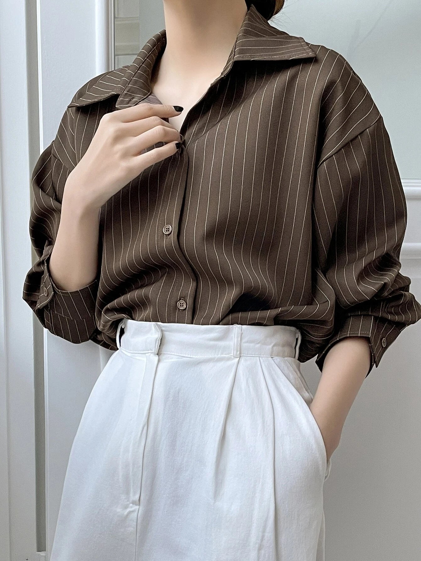 DAZY Women's Loose Striped Casual/School Shirt,Fall Women Clothes Long Sleeve Top