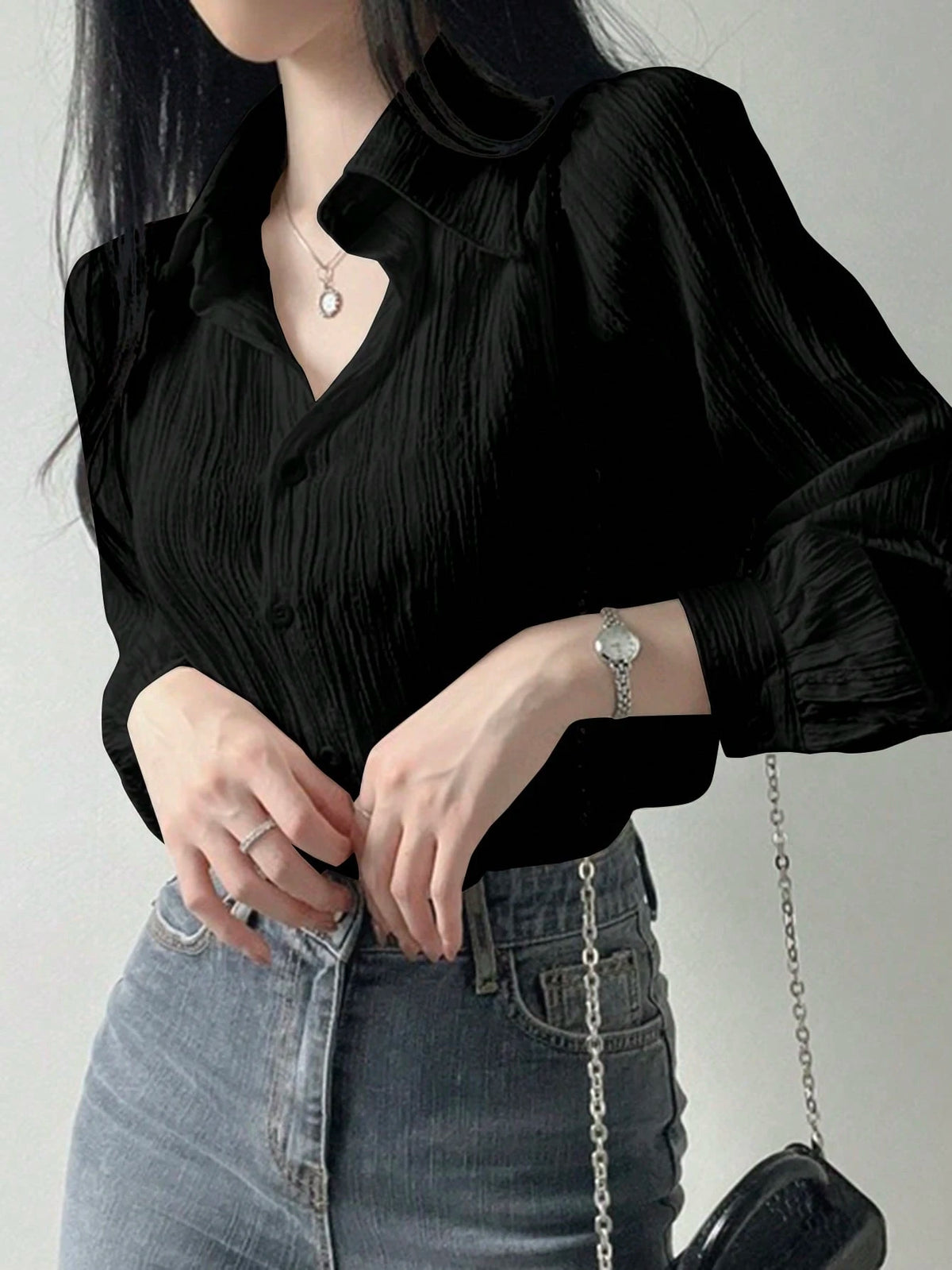 DAZY Women's Pleated Solid Color Lapel Loose Shirt, Black, Spring/Autumn,Fall Women Clothes Long Sleeve Top
