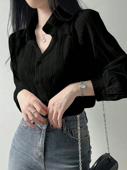 DAZY Women's Pleated Solid Color Lapel Loose Shirt, Black, Spring/Autumn,Fall Women Clothes Long Sleeve Top
