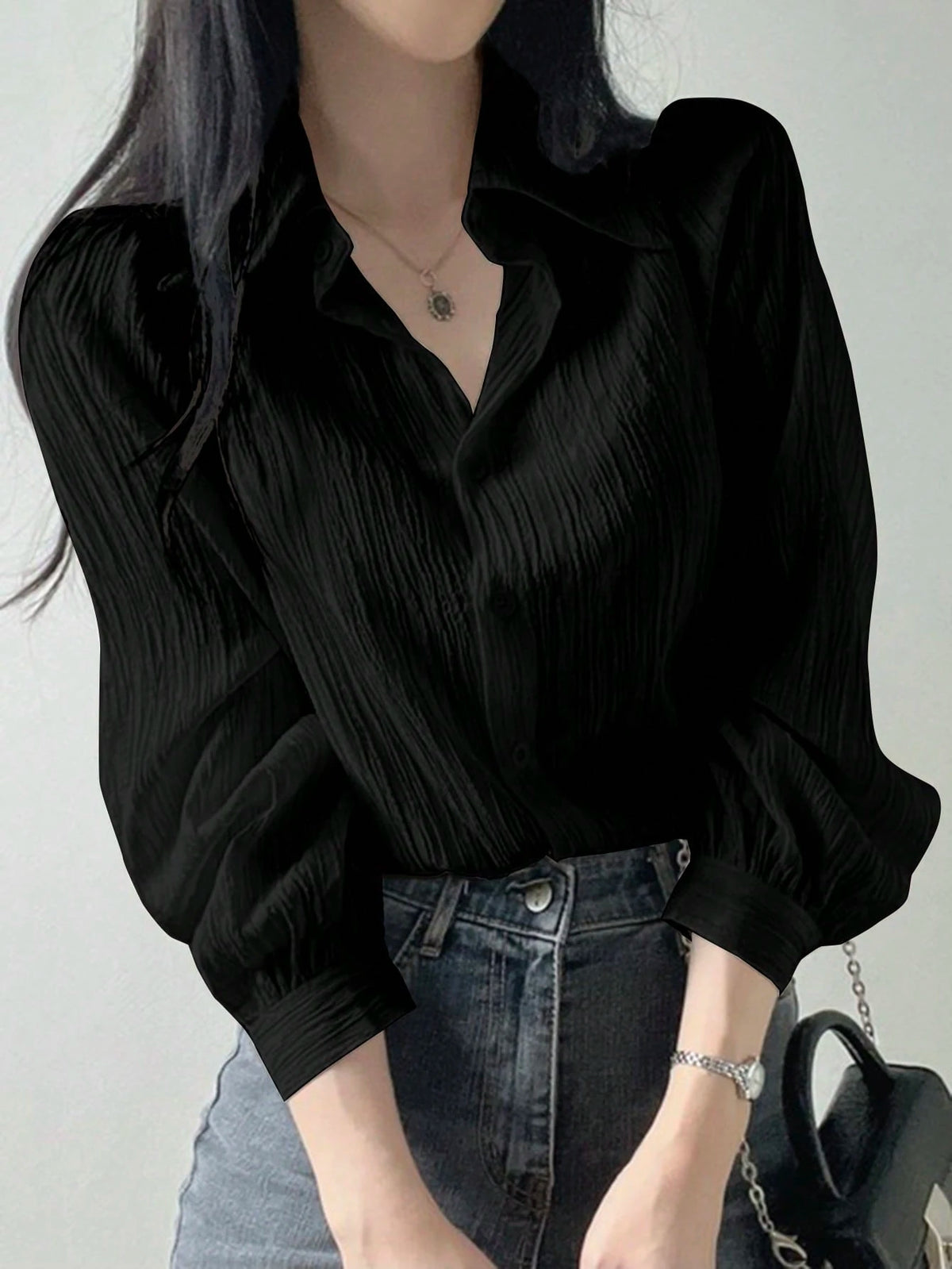 DAZY Women's Pleated Solid Color Lapel Loose Shirt, Black, Spring/Autumn,Fall Women Clothes Long Sleeve Top