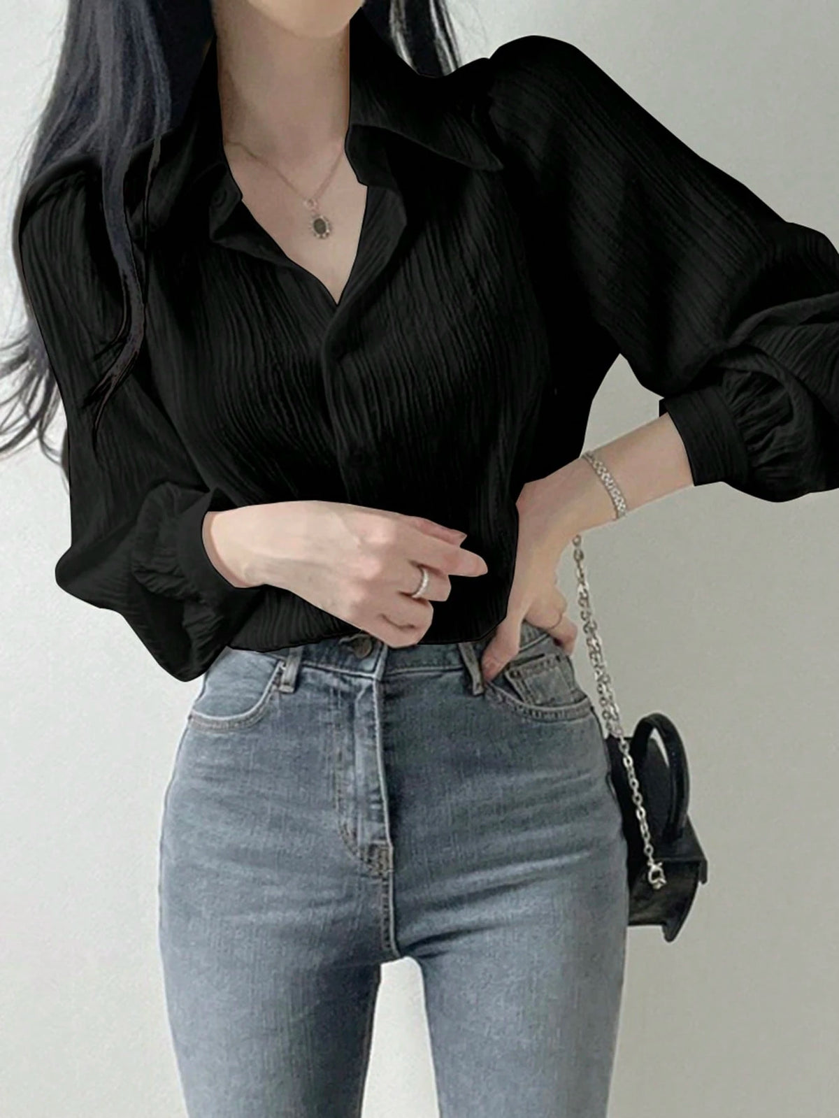 DAZY Women's Pleated Solid Color Lapel Loose Shirt, Black, Spring/Autumn,Fall Women Clothes Long Sleeve Top