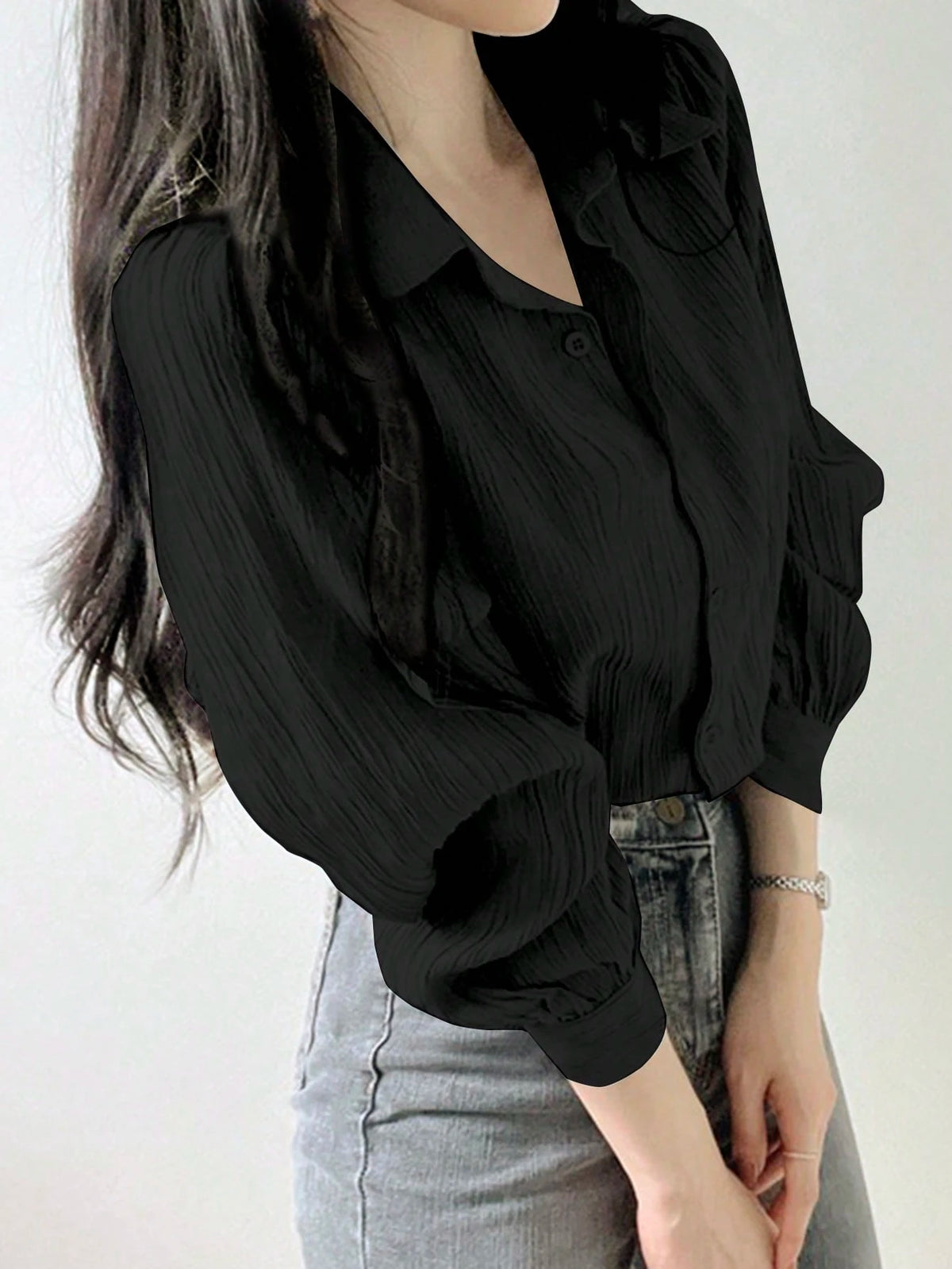 DAZY Women's Pleated Solid Color Lapel Loose Shirt, Black, Spring/Autumn,Fall Women Clothes Long Sleeve Top
