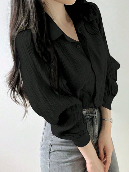 DAZY Women's Pleated Solid Color Lapel Loose Shirt, Black, Spring/Autumn,Fall Women Clothes Long Sleeve Top