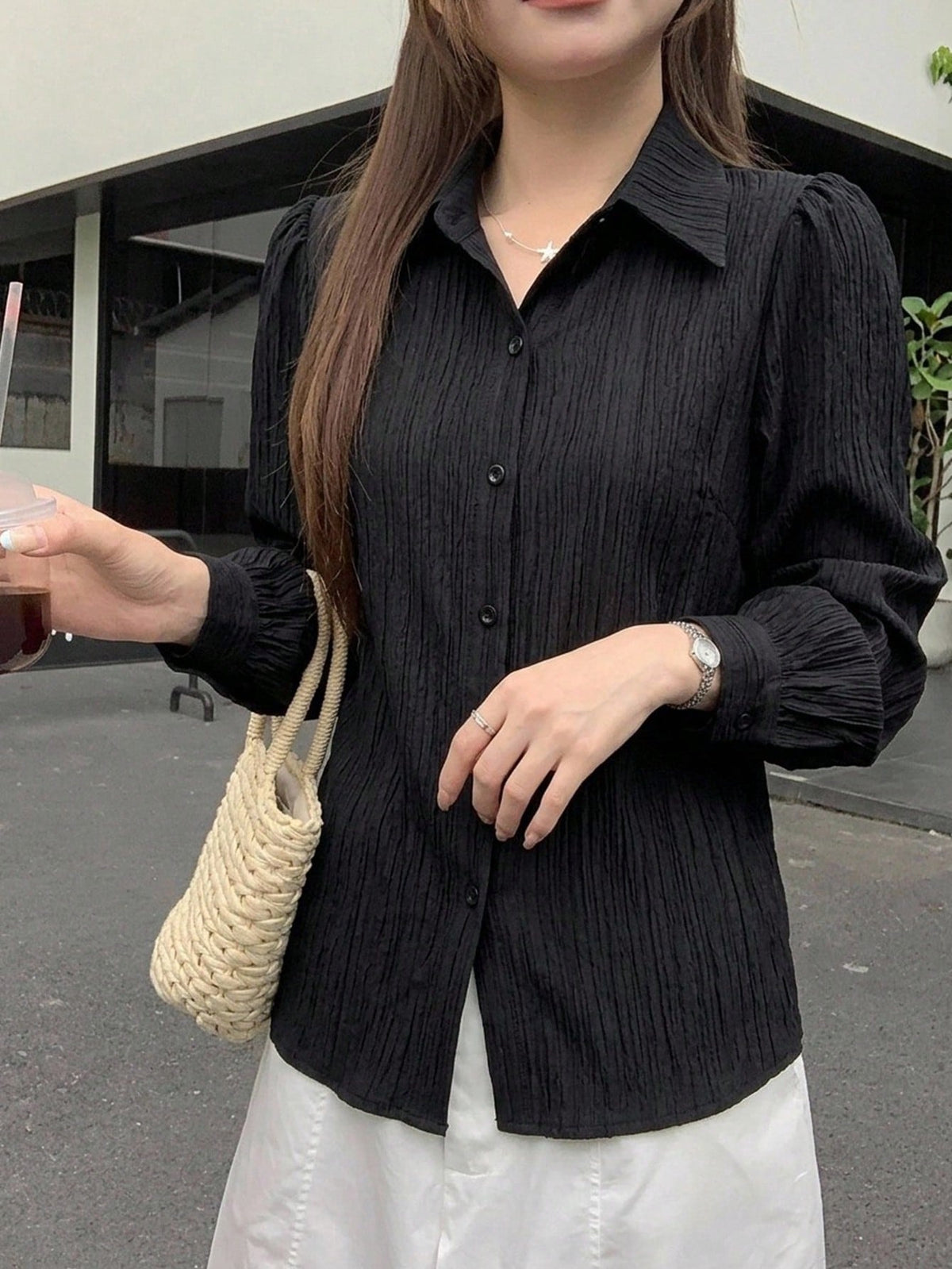 DAZY Women's Pleated Solid Color Lapel Loose Shirt, Black, Spring/Autumn,Fall Women Clothes Long Sleeve Top