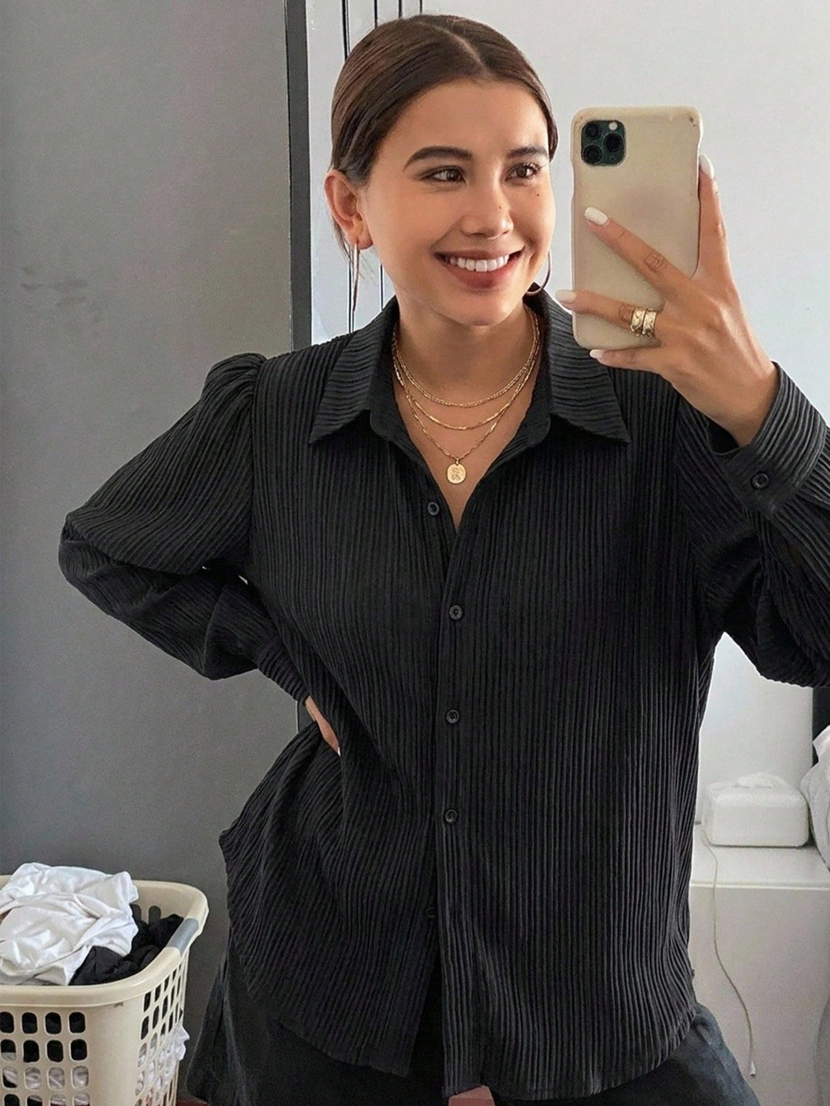 DAZY Women's Pleated Solid Color Lapel Loose Shirt, Black, Spring/Autumn,Fall Women Clothes Long Sleeve Top