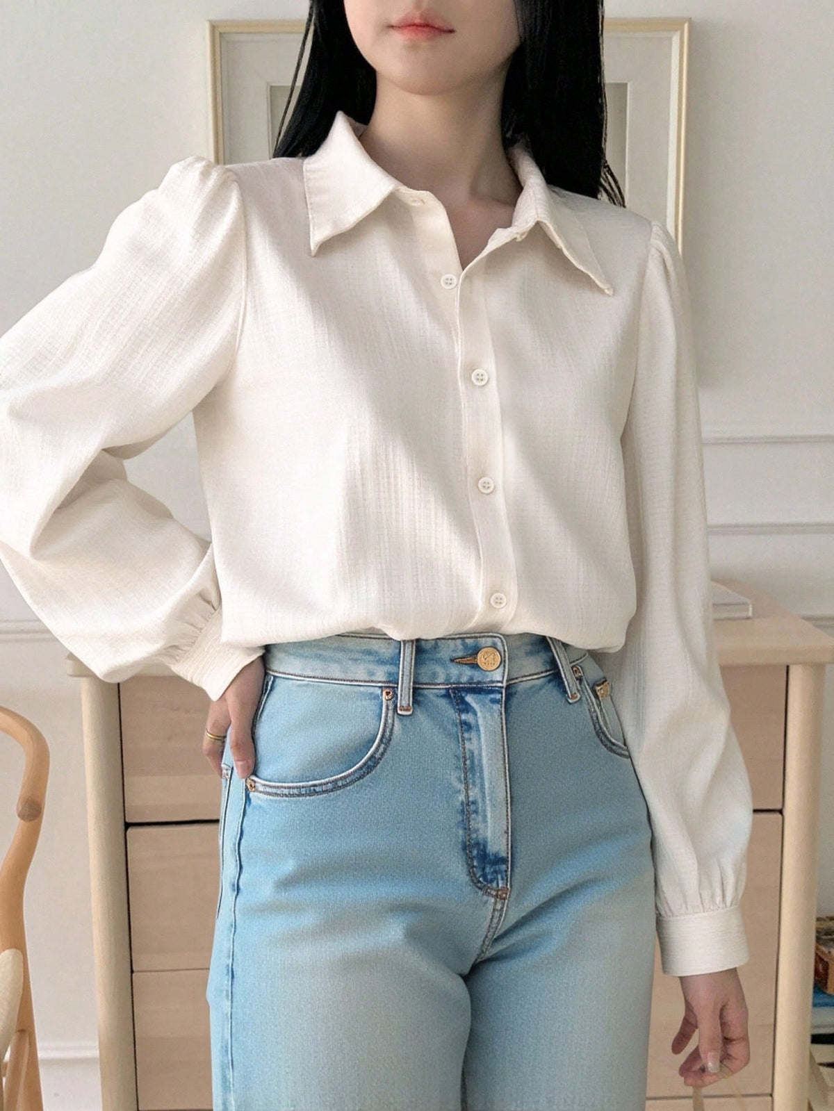 DAZY Women's Pleated Solid Color Lapel Loose Shirt, Black, Spring/Autumn,Fall Women Clothes Long Sleeve Top