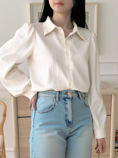 DAZY Women's Pleated Solid Color Lapel Loose Shirt, Black, Spring/Autumn,Fall Women Clothes Long Sleeve Top