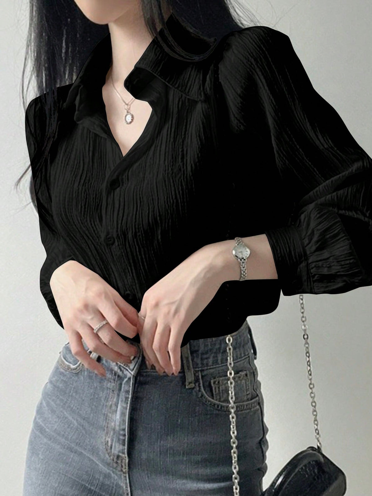 DAZY Women's Pleated Solid Color Lapel Loose Shirt, Black, Spring/Autumn,Fall Women Clothes Long Sleeve Top