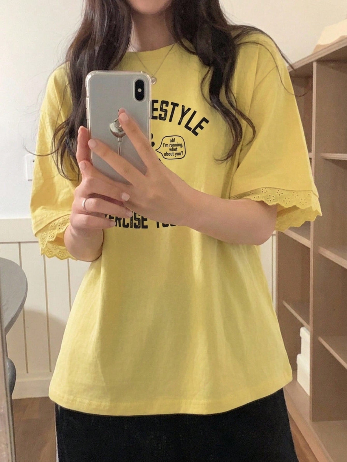 DAZY Women's Round Neck Graphic Print Lace Trim Short Sleeve T-Shirt, Spring/Summer Cute Top