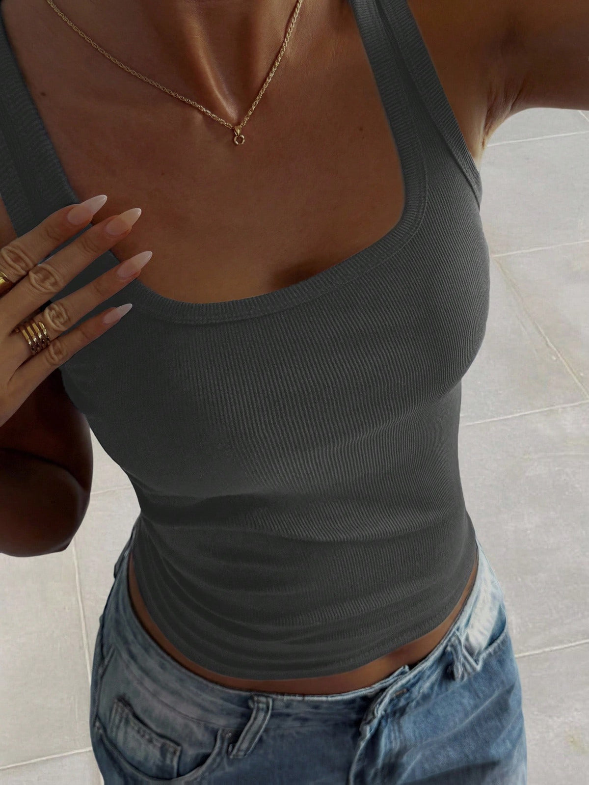 DAZY Women's Solid Color Ribbed Square Neck Casual Versatile Tank Top