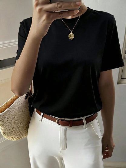 DAZY Women's Solid Color Round Neck Short Sleeve T-Shirt, Minimalist And Versatile For Summer