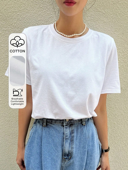 DAZY Women's Solid Color Round Neck Short Sleeve T-Shirt, Minimalist And Versatile For Summer