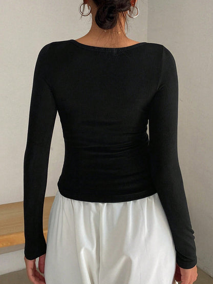 DAZY Women's Solid Color Simple Casual Long Sleeve T-Shirt Y2k Going Out Tops Women