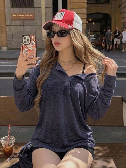 DAZY Women's Solid Color Simple Casual T-Shirt, Fashionable For Daily Wear Long Sleeve Women Tops Cover Ups For Swimwear