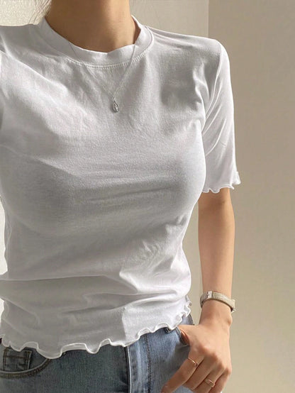 DAZY Women's Solid Color Slim Fit T-Shirt With Flounced Edges Summer