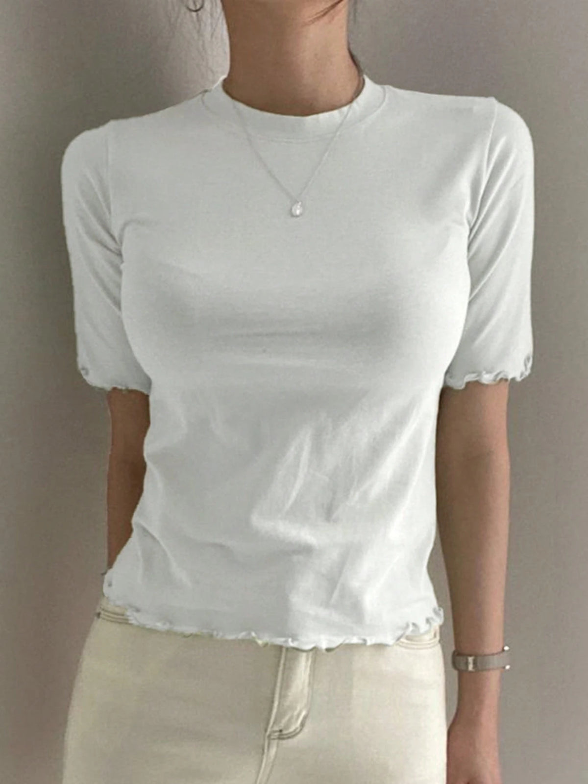 DAZY Women's Solid Color Slim Fit T-Shirt With Flounced Edges Summer