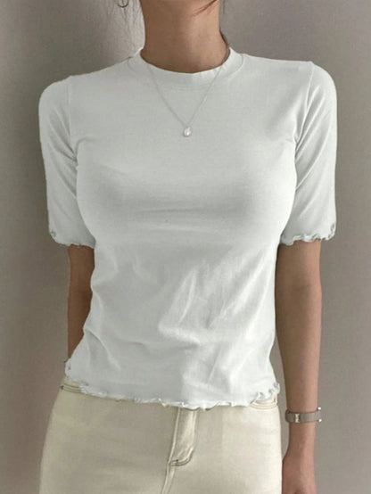 DAZY Women's Solid Color Slim Fit T-Shirt With Flounced Edges Summer