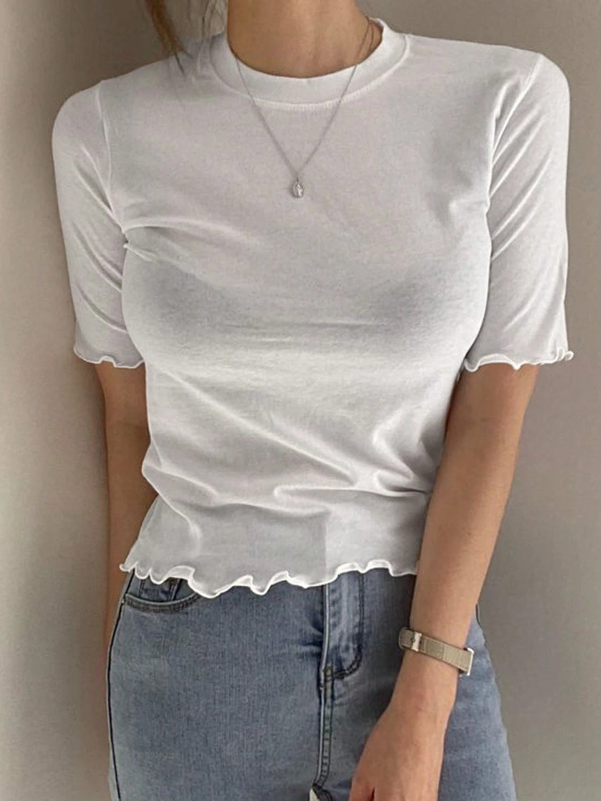 DAZY Women's Solid Color Slim Fit T-Shirt With Flounced Edges Summer