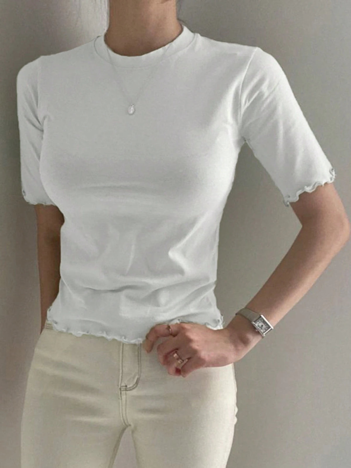 DAZY Women's Solid Color Slim Fit T-Shirt With Flounced Edges Summer
