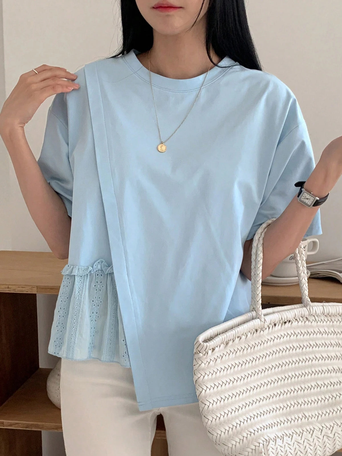 DAZY Women's Summer Solid Color Round Neck Loose Fit T-Shirt With Drop Shoulder And Ruffled Hemline