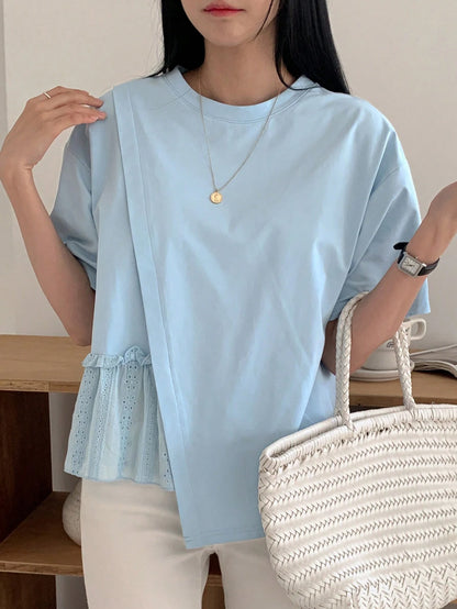 DAZY Women's Summer Solid Color Round Neck Loose Fit T-Shirt With Drop Shoulder And Ruffled Hemline