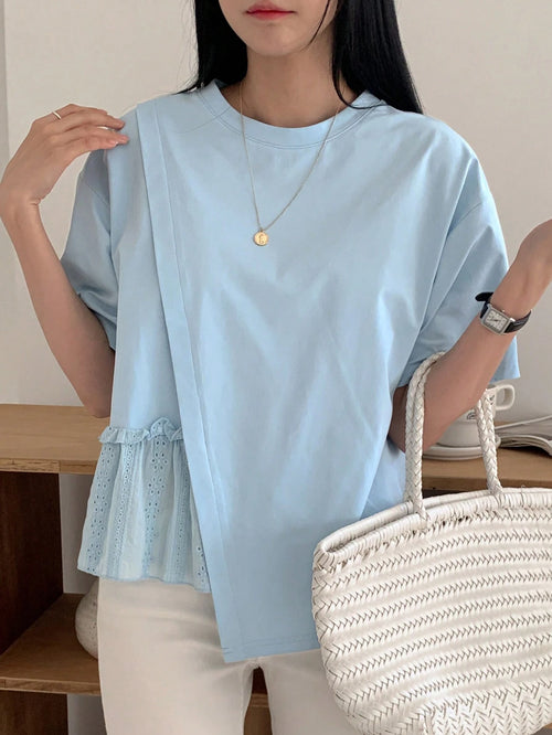 DAZY Women's Summer Solid Color Round Neck Loose Fit T-Shirt With Drop Shoulder And Ruffled Hemline