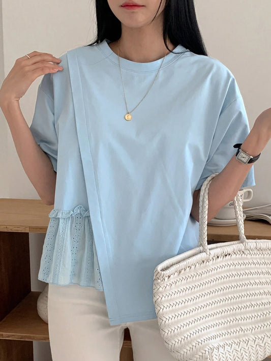 DAZY Women's Summer Solid Color Round Neck Loose Fit T-Shirt With Drop Shoulder And Ruffled Hemline
