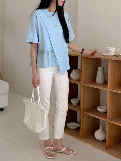 DAZY Women's Summer Solid Color Round Neck Loose Fit T-Shirt With Drop Shoulder And Ruffled Hemline