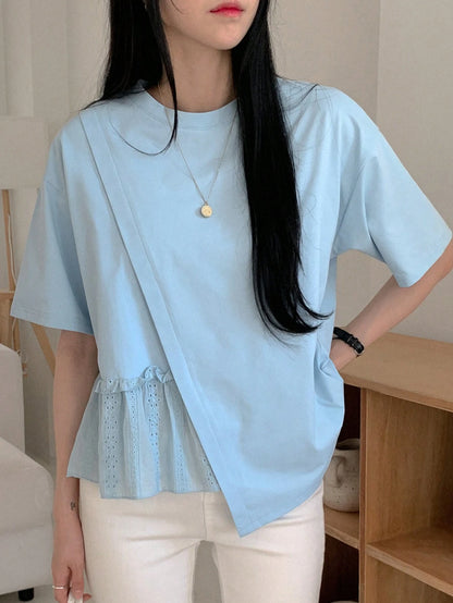 DAZY Women's Summer Solid Color Round Neck Loose Fit T-Shirt With Drop Shoulder And Ruffled Hemline