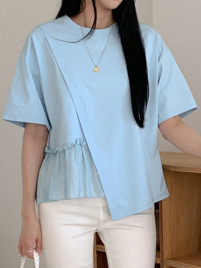 DAZY Women's Summer Solid Color Round Neck Loose Fit T-Shirt With Drop Shoulder And Ruffled Hemline
