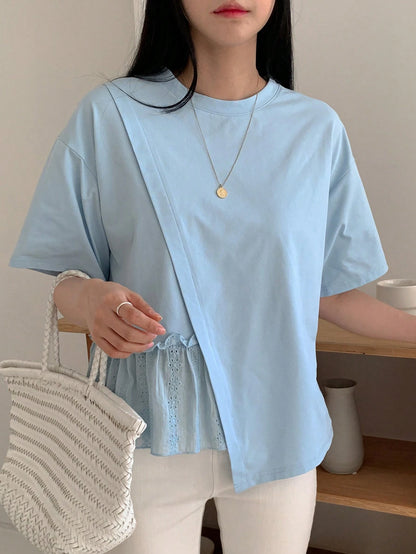 DAZY Women's Summer Solid Color Round Neck Loose Fit T-Shirt With Drop Shoulder And Ruffled Hemline