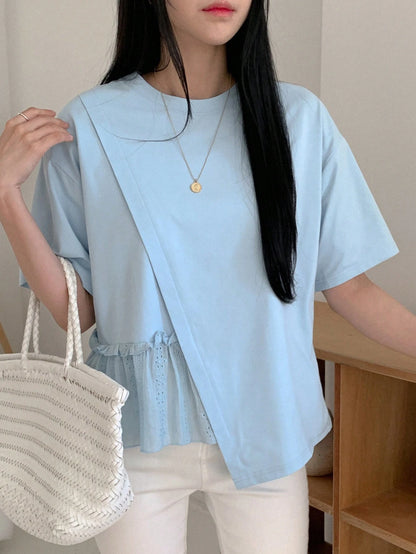 DAZY Women's Summer Solid Color Round Neck Loose Fit T-Shirt With Drop Shoulder And Ruffled Hemline