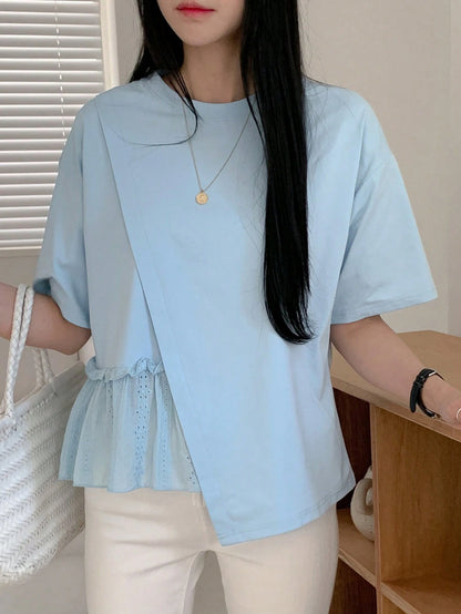 DAZY Women's Summer Solid Color Round Neck Loose Fit T-Shirt With Drop Shoulder And Ruffled Hemline