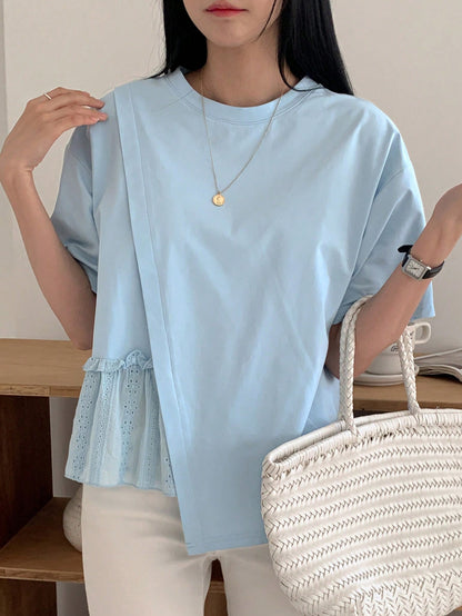 DAZY Women's Summer Solid Color Round Neck Loose Fit T-Shirt With Drop Shoulder And Ruffled Hemline