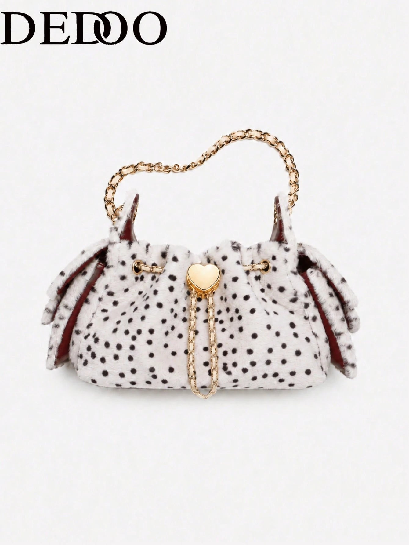 Dedoo Pink Polka Dot Fuzzy Bucket Bag, Cute Heart Metal Chain Crossbody Bag, Fluffy Drawstring Shoulder Purse For Party Daily