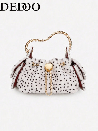 Dedoo Pink Polka Dot Fuzzy Bucket Bag, Cute Heart Metal Chain Crossbody Bag, Fluffy Drawstring Shoulder Purse For Party Daily