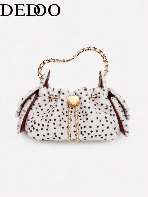 Dedoo Pink Polka Dot Fuzzy Bucket Bag, Cute Heart Metal Chain Crossbody Bag, Fluffy Drawstring Shoulder Purse For Party Daily