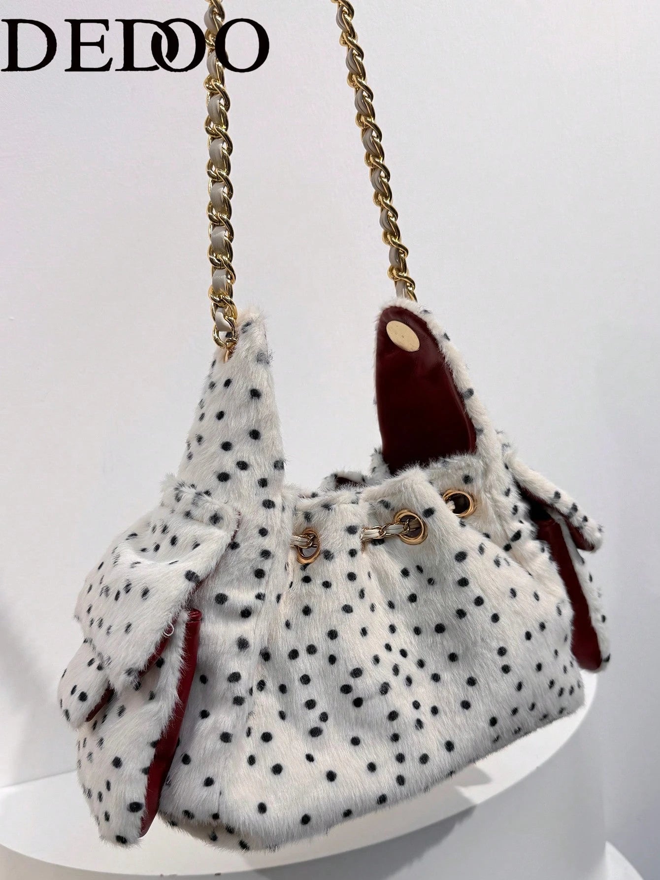 Dedoo Pink Polka Dot Fuzzy Bucket Bag, Cute Heart Metal Chain Crossbody Bag, Fluffy Drawstring Shoulder Purse For Party Daily