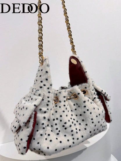 Dedoo Pink Polka Dot Fuzzy Bucket Bag, Cute Heart Metal Chain Crossbody Bag, Fluffy Drawstring Shoulder Purse For Party Daily