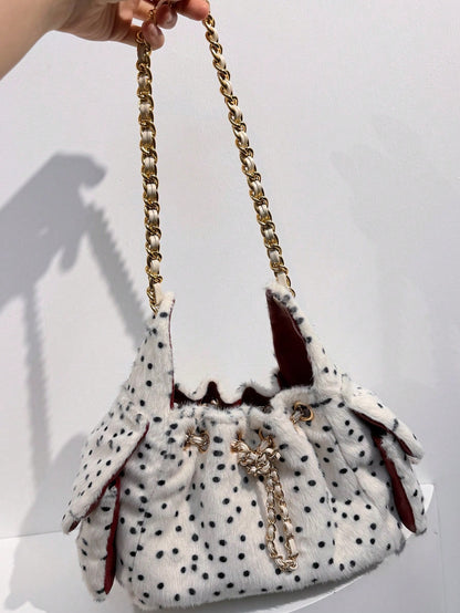 Dedoo Pink Polka Dot Fuzzy Bucket Bag, Cute Heart Metal Chain Crossbody Bag, Fluffy Drawstring Shoulder Purse For Party Daily