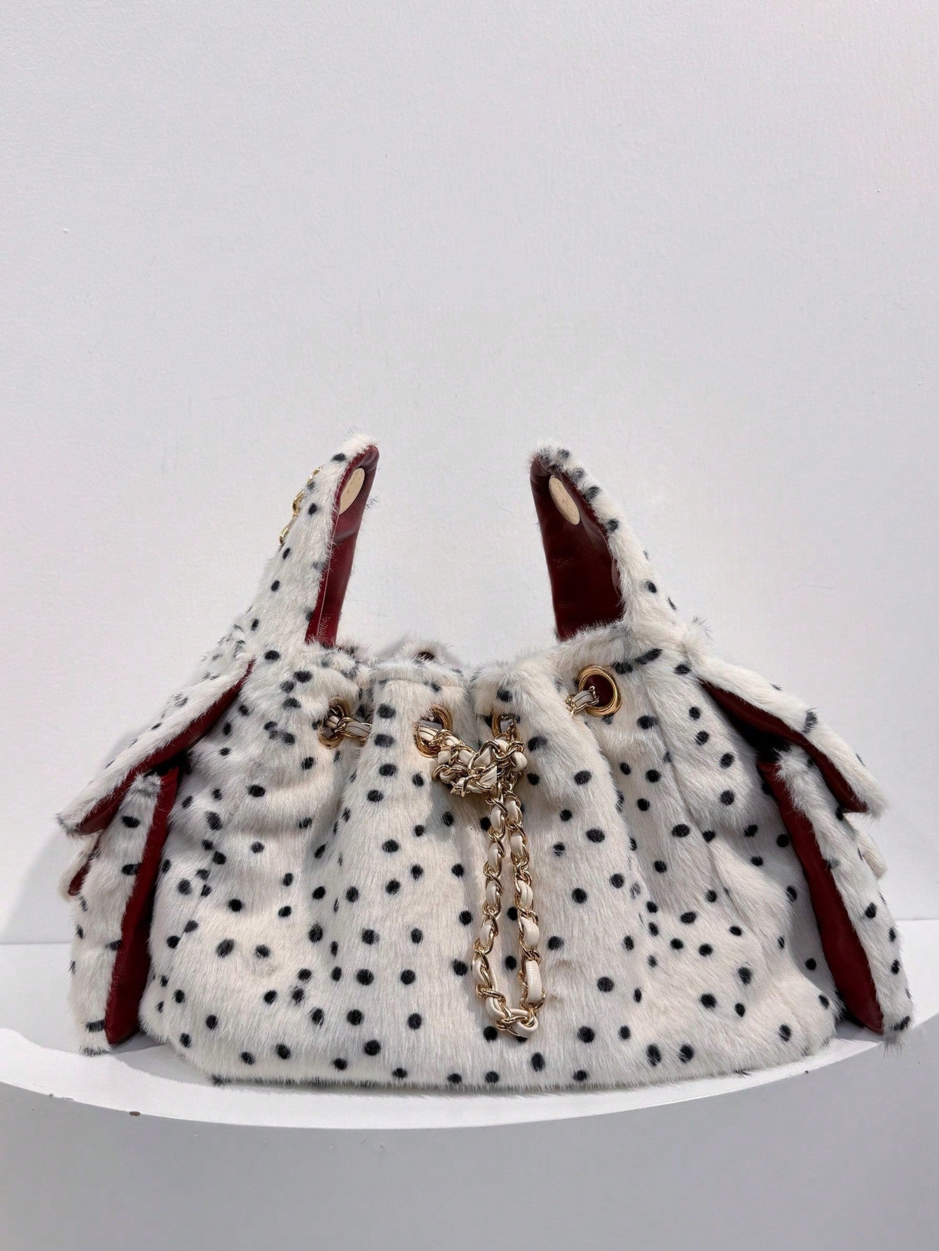Dedoo Pink Polka Dot Fuzzy Bucket Bag, Cute Heart Metal Chain Crossbody Bag, Fluffy Drawstring Shoulder Purse For Party Daily