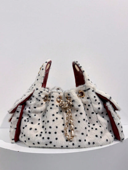 Dedoo Pink Polka Dot Fuzzy Bucket Bag, Cute Heart Metal Chain Crossbody Bag, Fluffy Drawstring Shoulder Purse For Party Daily