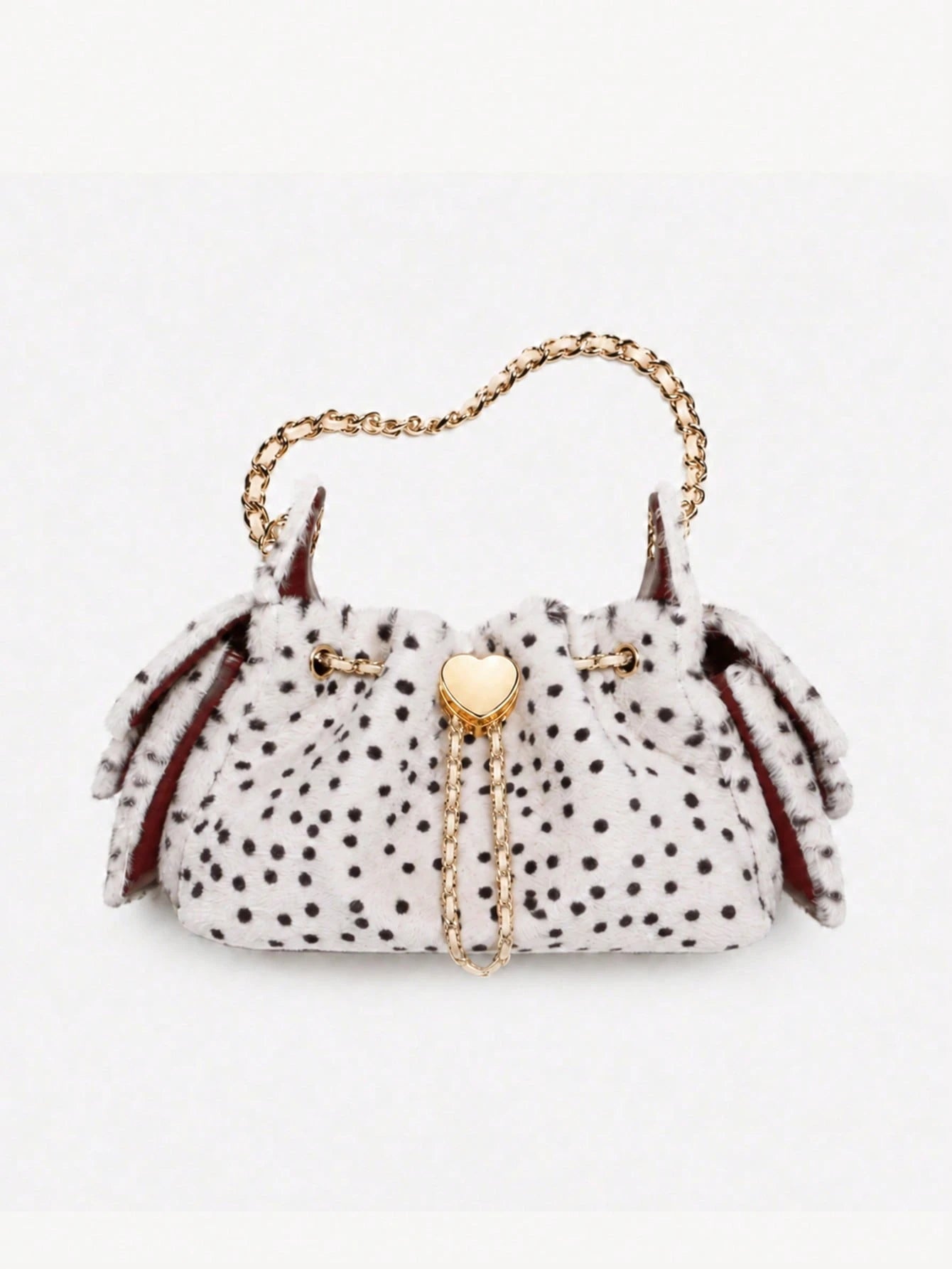 Dedoo Pink Polka Dot Fuzzy Bucket Bag, Cute Heart Metal Chain Crossbody Bag, Fluffy Drawstring Shoulder Purse For Party Daily