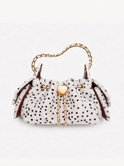 Dedoo Pink Polka Dot Fuzzy Bucket Bag, Cute Heart Metal Chain Crossbody Bag, Fluffy Drawstring Shoulder Purse For Party Daily