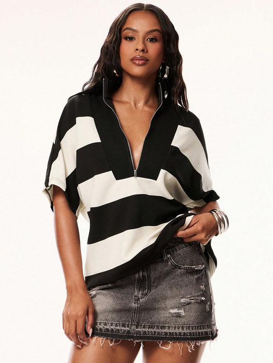Denimoi Oversized Stripe Polo Shirt Fashion Tops Stripe Tops Everyday Wear Polo Tee Streetwear, Casual