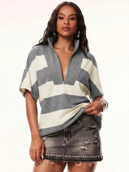Denimoi Oversized Stripe Polo Shirt Fashion Tops Stripe Tops Everyday Wear Polo Tee Streetwear, Casual