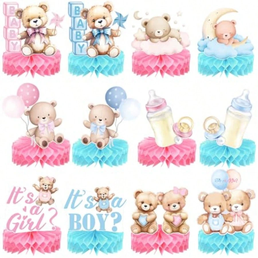 DHonoson Bear Gender Reveal Decorations Includes 12pcs Pink And Blue Bear Gender Reveal Table Decorations With Honeycomb Centerpiece For Boy Or Girl