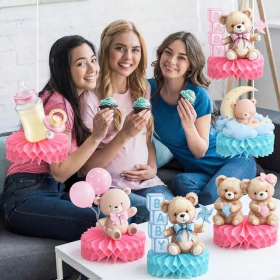 DHonoson Bear Gender Reveal Decorations Includes 12pcs Pink And Blue Bear Gender Reveal Table Decorations With Honeycomb Centerpiece For Boy Or Girl